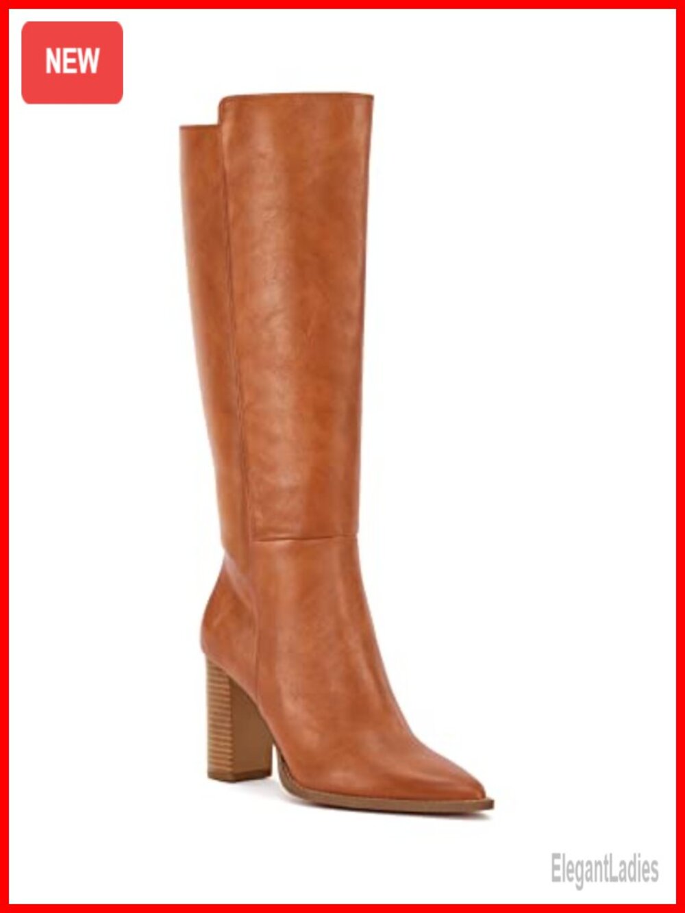 Faux Leather Knee-High Boots Stacked Block Heel Pointed Toe